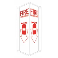 This V-shape projection sign is made of 0.04 in thick aluminum and features mounting holes for wall or post installation. It is not retroreflective, not glow-in-the-dark, and has no anti-slip surface. Used to clearly identify fire extinguisher locations in industrial facilities