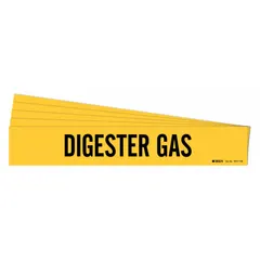 Yellow adhesive pipe marker with black legend text reading 'Digester Gas.' Designed for pipe outer diameters of 8 inches and larger. Supplied without arrows in a pack of 5. Used to identify piping carrying digester gas in industrial facilities such as wastewater treatment plants and biogas systems.