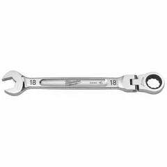 Chrome vanadium steel wrench with chrome finish. 18 mm 12-point ratcheting box end and open end. 242 1/2 mm overall length. Suitable for tightening and loosening fasteners in confined spaces.