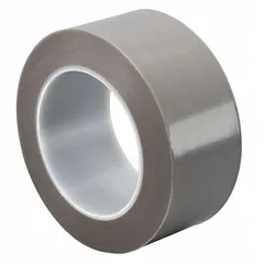 This PTFE slick surface tape features a silicone, polytetrafluoroethylene film construction in gray. It provides a low-friction, non-stick surface suitable for release and sliding applications on chutes, guide rails, and packaging machinery.