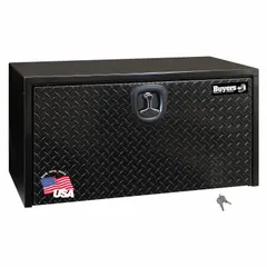 Single drop-down door box in gloss black finish with a keyed lock. Designed for underbody mounting on trucks to secure tools, parts, and equipment. Suitable for fleet vehicles and maintenance applications.