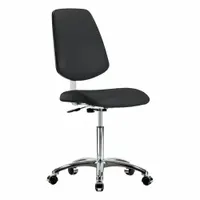 This armless vinyl cleanroom task chair is designed for ISO 4 controlled environments. It features an 18 1/2-inch wide and 17-inch deep seat with adjustable height from 21 1/2 to 29 inches. The aluminum base provides stability, and the chair is not ESD safe. Suitable for cleanroom applications requiring particle control