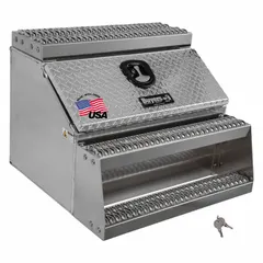 This single drop-down door truck step box is constructed of aluminum with a silver finish. It measures 28 inches deep, 24 inches high, and 30 inches wide, featuring a keyed lock and T-handle compression latch. Designed for mounting on trucks, it provides secure storage and a step for accessing the truck bed, suitable for service, construction, and utility fleet applications.