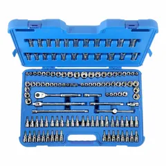 This 125-piece socket set includes 12-point, 6-point, and 8-point sockets in both SAE and metric sizes ranging from 6 mm to 22 mm. The set features a 3/8 in drive and includes drive tools and socket bits for tightening and loosening fasteners in automotive repair, machinery maintenance, and industrial assembly. Wrenches are not included.