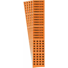 Orange adhesive pipe marker with black legend reading 'Hydrogen Sulfide' and directional arrows. Designed for pipes with outer diameter of 3/4 inch or smaller. Pack of 5 markers for identifying hydrogen sulfide lines in industrial piping systems.