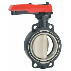 Concentric wafer-style butterfly valve with polypropylene disc and EPDM seal. Rated for 145 psi maximum cold working pressure. Lever handle actuation. Suitable for on-off flow control in general-service industrial piping systems handling water, air, and mild chemicals.