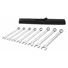 This set includes 8 SAE 12-point combination wrenches made from alloy steel with a chrome finish. Each wrench features a 15° offset head for improved access in confined spaces. The set is supplied in a pouch for organized storage and portability.