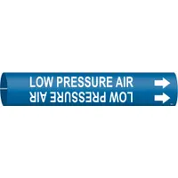 Blue snap-on pipe marker with white legend reading 'Low Pressure Air' and directional arrows. Fits pipe outer diameters from 3/4 to 1-3/8 inches. Used to identify low-pressure air lines in piping systems, aiding in compliance with pipe-marking standards
