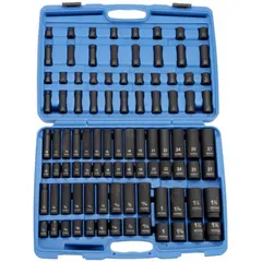 This 94-piece impact socket set includes 47 six-point SAE sockets and 47 six-point metric sockets with a 1/2 in drive size. Designed for use with impact wrenches, it is suitable for fastening and loosening nuts and bolts in automotive repair, heavy equipment maintenance, and industrial assembly.