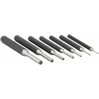 This 7-piece punch set includes flat-tip punches with tip diameters of 1/16 in, 3/32 in, 1/8 in, 5/32 in, 3/16 in, 1/4 in, and 5/16 in. Made of steel, the set is used for driving out pins in industrial maintenance and assembly tasks