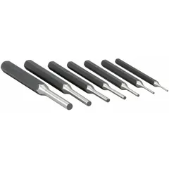 This 7-piece punch set includes flat-tip punches with tip diameters of 1/16 in, 3/32 in, 1/8 in, 5/32 in, 3/16 in, 1/4 in, and 5/16 in. Made of steel, the set is used for driving out pins in industrial maintenance and assembly tasks.