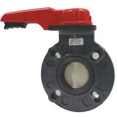 Concentric wafer-style butterfly valve with PVC body, polypropylene disc, and EPDM seat. Rated for 150 psi CWP. Lever handle for on/off or throttling service in industrial fluid handling systems.