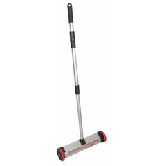 This push-type magnetic sweeper collects ferrous debris such as nails, screws, and shavings from floors, driveways, and worksites. It features a 1/2-inch magnet height and a magnetic release type switch for quick debris disposal. The plastic body provides lightweight handling for maintenance and construction cleanup tasks.