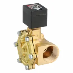 2-way/2-position normally open solenoid valve with brass body for high-flow applications. Operates on 24V DC with 1-1/2 in pipe size. Suitable for use with water, air, and light oil in industrial fluid control systems.