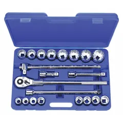 This 21-piece socket set includes 12-point SAE sockets ranging from 7/8 in to 2 in, along with drive tools. The set is suited for tightening or loosening fasteners in industrial maintenance, automotive repair, and heavy equipment assembly.
