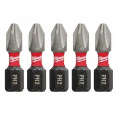 Standard #2 Phillips (PH2) insert bit with hex shank, made from alloy steel. Suitable for driving screws in assembly, maintenance, and repair tasks. Supplied in a 5-pack.