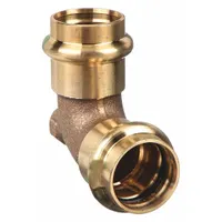 This 90° elbow fitting is made of copper or bronze and features a press-fit connection on one end and an FNPT thread on the other. It is sized 3/4 in CTS x 3/4 in Pipe, suitable for use in plumbing systems including water supply lines, HVAC, and process piping
