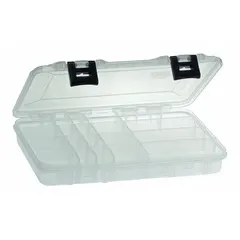 This clear plastic compartmented box features 20 compartments and 15 adjustable dividers for organizing small parts such as screws, nuts, beads, or electronic components. The dividers allow custom compartment sizes to accommodate various part dimensions. It is not electrostatic discharge conductive. Typical applications include workshops, labs, and assembly lines where clear visibility and part separation are required.