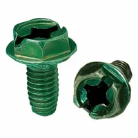 Zinc plated steel grounding screw for securing grounding conductors in electrical boxes and enclosures. Green color indicates grounding use. Overall length 0.5 inches