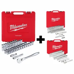 This 153-piece socket set includes 1/2 in drive tools with 6-point sockets in SAE and metric sizes. The set features a pear head ratchet and covers a range of fasteners for general assembly and disassembly tasks. Suitable for use in automotive, industrial, and construction applications.