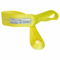Polyester web sling with twisted eyes for lifting and rigging loads. Single ply, 12 ft length, 4800 lb vertical hitch capacity. High-visibility material and wear-resistant tag for identification.