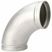 This grooved pipe fitting is a 90° elbow made from 304 stainless steel, with a 1 in x 1 in size. It is designed for use in piping systems to change direction. The fitting meets NSF/ANSI CAN 61 standards, making it suitable for potable water applications