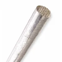 This heat-reflective cable sleeving is constructed from fiberglass with a silver coating, providing thermal protection for cables in high-temperature environments. It has a 5/8 in inside diameter, 50 ft length, and operates from -76°F to 1,200°F. RoHS compliant. Suitable for use in furnaces, ovens, engine compartments, and high-temperature machinery