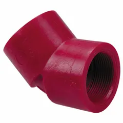 Polyvinylidene 45° elbow with 1 in x 1 in female NPT connections. Red color. Meets ASTM D3222. Used in industrial piping systems to change flow direction, suitable for corrosive fluid handling, chemical processing, and water treatment.