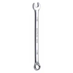 Chrome-finished alloy steel combination wrench with 12-point box end and open end. 11/32 in head size, 5 7/8 in overall length, offset design for access to recessed fasteners. Used for tightening or loosening bolts and nuts in mechanical and maintenance tasks.
