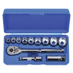 This 12-piece SAE socket set includes 12-point sockets ranging from 3/8 in to 7/8 in with a 3/8 in drive. Drive tools are included for tightening and loosening fasteners in automotive repair, machinery maintenance, and general assembly tasks.