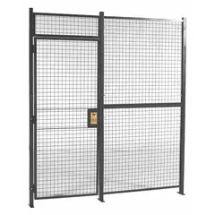 This welded-wire partition cage measures 10 ft wide by 2 in deep by 10 ft high, with a powder-coated gray finish. It features one side and includes a keyed different cylinder lock for controlled access. Suitable for securing tools, inventory, or equipment in industrial facilities such as warehouses and manufacturing plants.