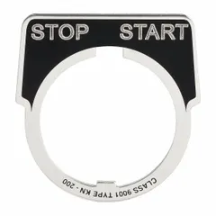 Half-round legend plate for 30 mm push-button stations. Aluminum with silver finish and black notch. English legend reads 'Start-Stop'. Overall height 1 3/4 in, width 1 5/8 in. Used to identify push-button functions in control panels.