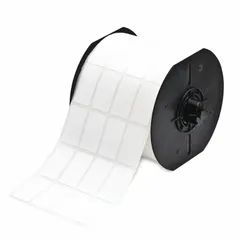 White matte-finish precut label roll with 1 7/16 in label height and 51/64 in label width. Designed for cryogenic thermal transfer printing and compatible with i3300 printer series. Used for labeling equipment and samples in low-temperature industrial environments.