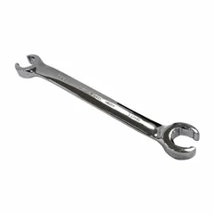 Alloy steel flare nut wrench with polished finish. Double-end, standard-head design with 6-point openings for 5/8 in and 11/16 in flare nuts. Overall length of 7-1/2 in. Used for tightening or loosening flare nuts in hydraulic, fuel, and refrigeration line applications.