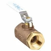Manual two-way ball valve with straight pattern, two-piece body, and 1/4 in FNPT x FNPT connections. Constructed in brass/bronze with a locking lever handle. Used for on/off or flow control in plumbing and industrial piping systems