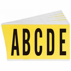 This repositionable character set includes 25 labels with black Gothic letters A to Z on a yellow background. Designed for indoor use, the non-reflective labels are 4 inches high and suitable for facility identification tasks such as labeling bins, shelves, or panels. The set is not self-spacing or self-aligning.