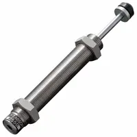 Steel-bodied shock absorber with 39.2 N force rating for controlled deceleration in industrial motion control. Used in automation, packaging, and material handling systems to dampen impact and vibration