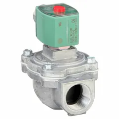 This REDHAT solenoid valve is a 2-way/2-position, normally closed type with a 1 in nominal pipe size. It operates on 120V AC and features a watertight coil enclosure without a junction box. Commonly used in dust collector systems for controlling air or gas flow in industrial filtration applications.