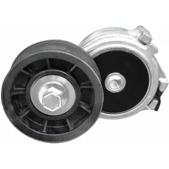 Self-adjusting belt tensioner with one pulley, 3 1/2 in outside diameter. Maintains proper tension in automotive serpentine or accessory belt drive systems, compensating for belt stretch and wear.