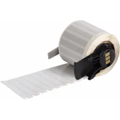 This precut label roll consists of 750 white gloss polyimide labels, each measuring 1/4 in x 1 1/2 in. Designed for use with the BMP71 printer (media adapter required), these labels are suited for industrial identification applications where resistance to heat and chemicals is needed.