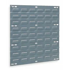 This wall-mount louvered panel provides a mounting surface for bins (sold separately) to organize small parts. Measuring 20 x 18 x 5/16 inches, it features a gray powder-coated finish for corrosion resistance. Designed for one-sided use in workstations, warehouses, and assembly lines.