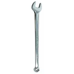 This metric 12-point combination wrench features an 8 mm head size and offset design for improved access in confined spaces. Made from alloy steel with a chrome finish, it has an overall length of 5 3/4 inches. Suitable for tightening or loosening metric fasteners in automotive, mechanical, and industrial maintenance tasks.