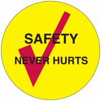 Hard Hat Label: Safety Never Hurts, 2 in Dia, English, Std, Non-Reflective, Universal, 4 PK (MPN 42273)