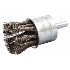 This heavy-cleaning brush is designed for carbon steel surfaces. It features a twisted steel fill with a 1 1/8 in diameter, 0.02 in fill diameter, and a 1/4 in shank. Typical applications include removing rust, scale, weld slag, and heavy debris in industrial maintenance, fabrication, and metalworking.