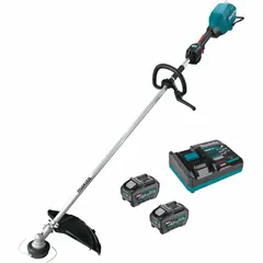 Battery-powered string trimmer with a 17-inch cutting width and straight shaft design. Powered by a 5.0 Ah battery for cordless operation. Suitable for cutting grass and weeds in residential and commercial landscaping, along fences, walls, and garden beds. Not capable of attachment use.