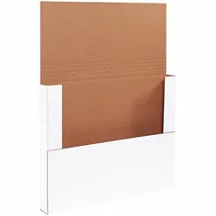 White corrugated cardboard mailer with inside dimensions of 18 in length, 12 in width, and 2 in height. Single-wall construction with ECT-32-B board test and easy-fold closure. Sold in a pack of 50. Suitable for shipping flat items such as documents, photos, or small parts.