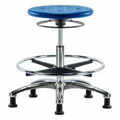 Polyurethane Lab Stool, Height Range 19 1/4 in to 27 in, 13 in Seat Width, 13 in Seat Depth, Aluminum Base, 5 Glides, Foot Support