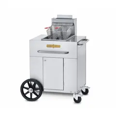 Wheeled fryer with one fry pot, 30 lb tank capacity, and 90,000 BtuH heating capacity. Overall height 48 3/4 in, overall depth 30 1/2 in. Suitable for high-volume frying in commercial kitchens, catering, and outdoor events.