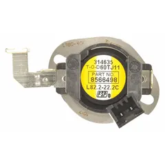High limit thermostat used in washing machines and dryers. Functions as a safety device that monitors internal temperature and interrupts power if overheating occurs, helping to prevent fire or component damage.