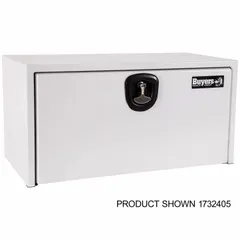 Single drop-down door storage box constructed from white steel. Equipped with a keyed lock for security. Designed for underbody mounting on trucks to store tools and equipment.